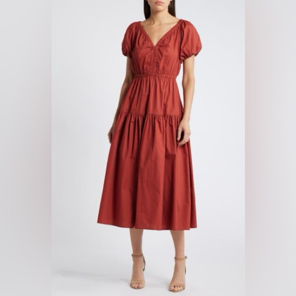 MOON RIVER COTTON PUFF SLEEVE RUCHED MIDI DRESS ❤️IN STORES❤️NWT❤️
